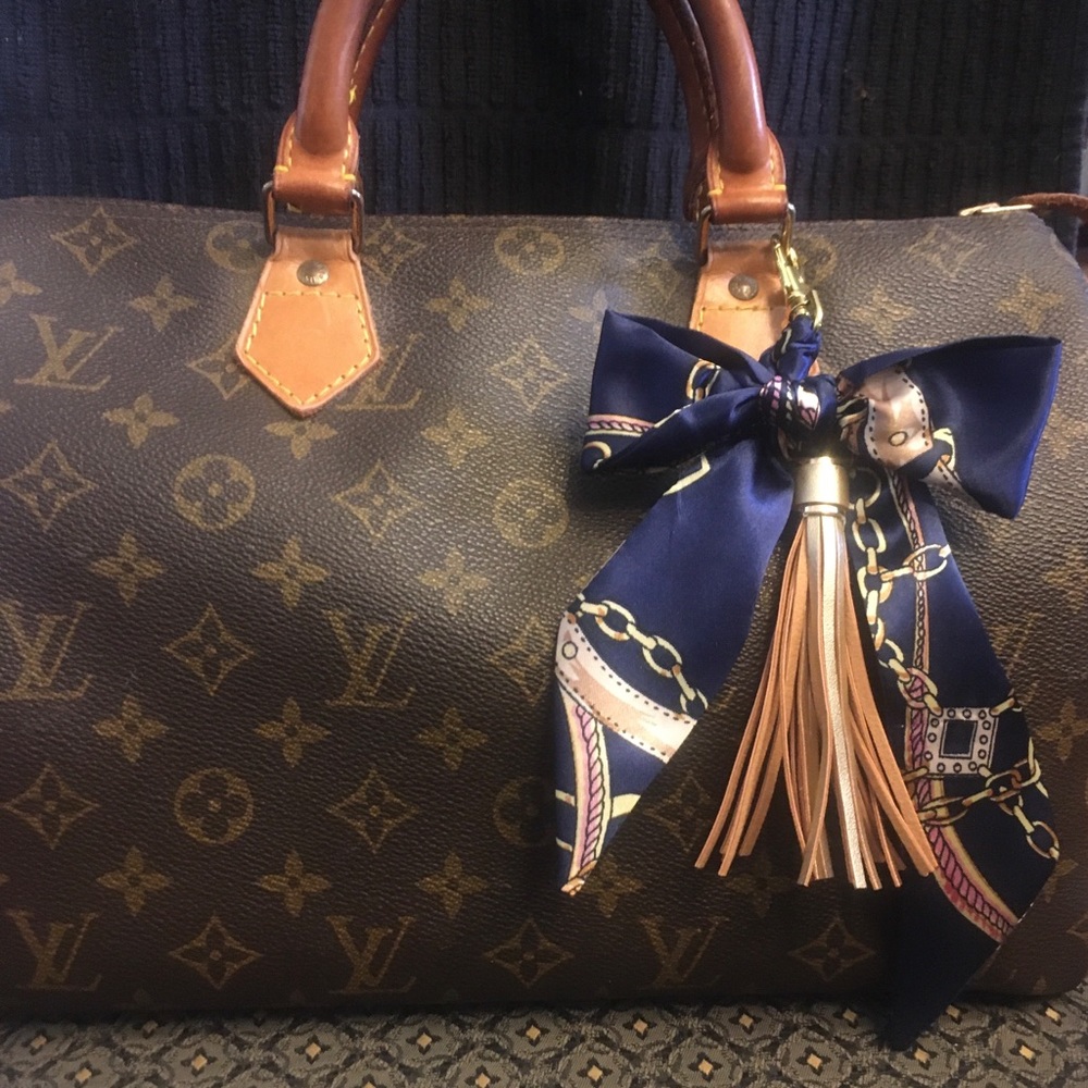 Purse scarf braided navy blue gold tassel charm